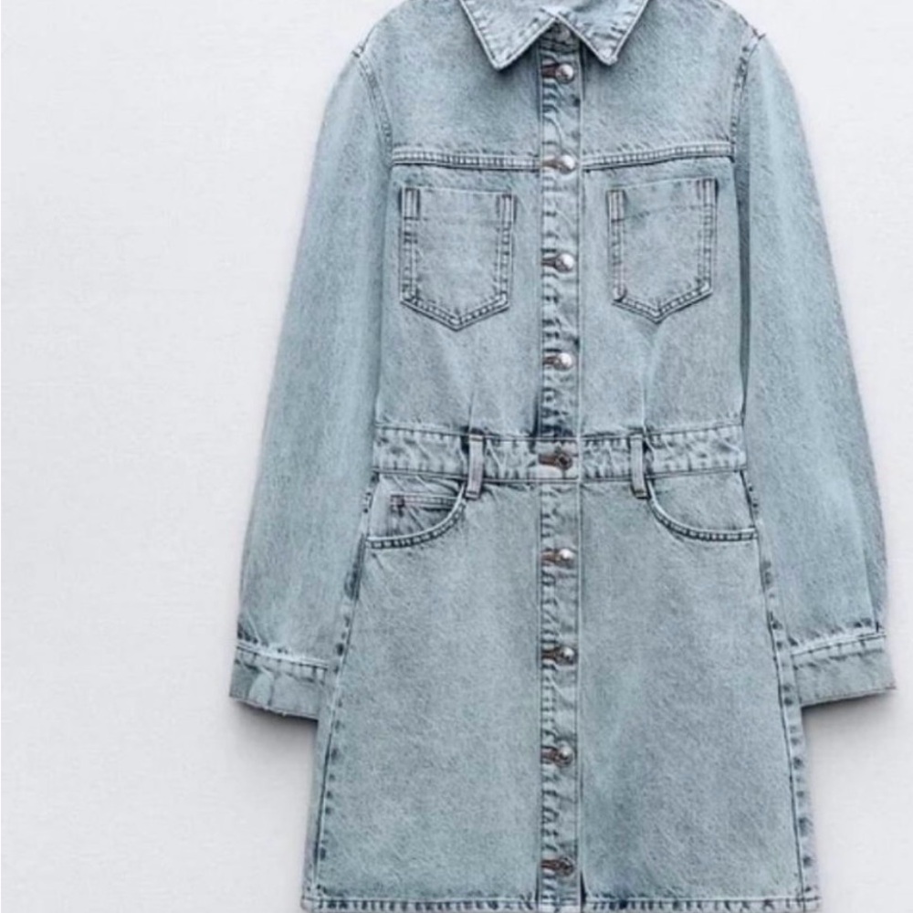 Zara Jeans Denim Long Sleeve Bruiser Stretch Frayed Mini Shirt Dress Sz M - Picture 3 of 11